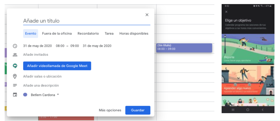 Google Calendar: eventos, alertas, recordatorios y objetivos
